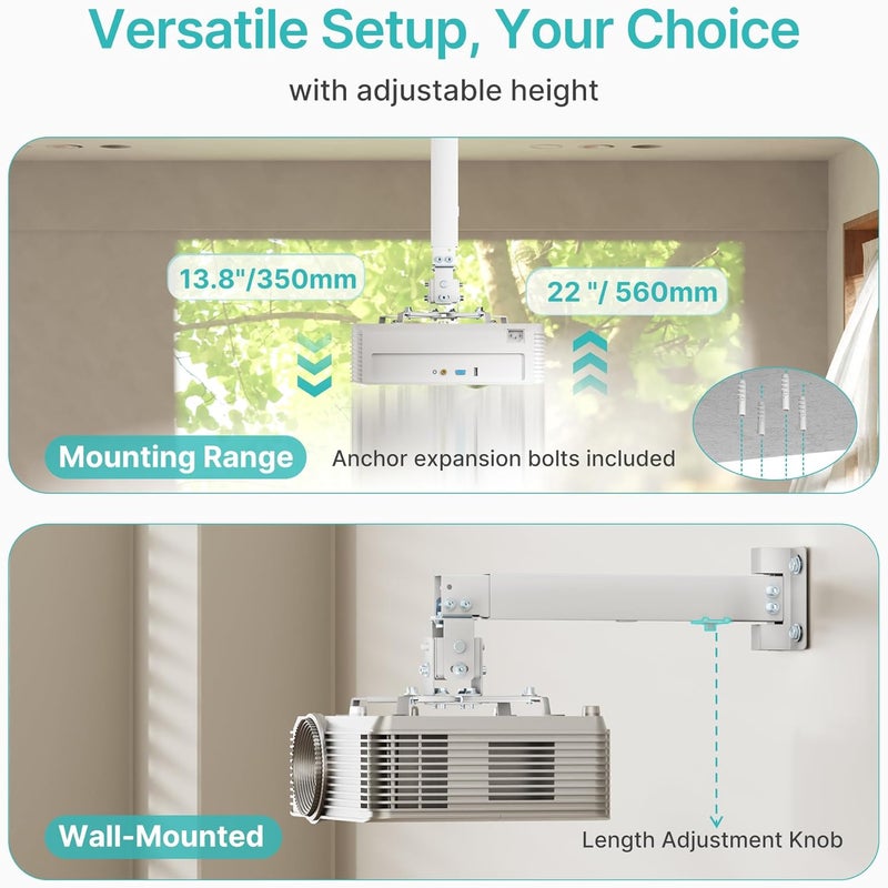 PEGZONE Projector Ceiling Mount with Extension Pole, Wall&Ceiling Adjustable Bracket 3-in-1, Universal Projector Holder for Home Theater & Office, 44lbs, Compatible with Epson/Optoma, White - Image 3